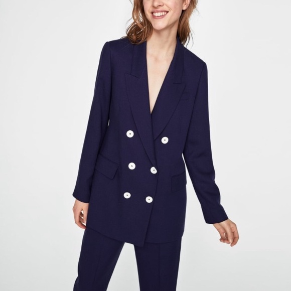 Zara Double Breasted Navy Flowing Blazer Jacket M